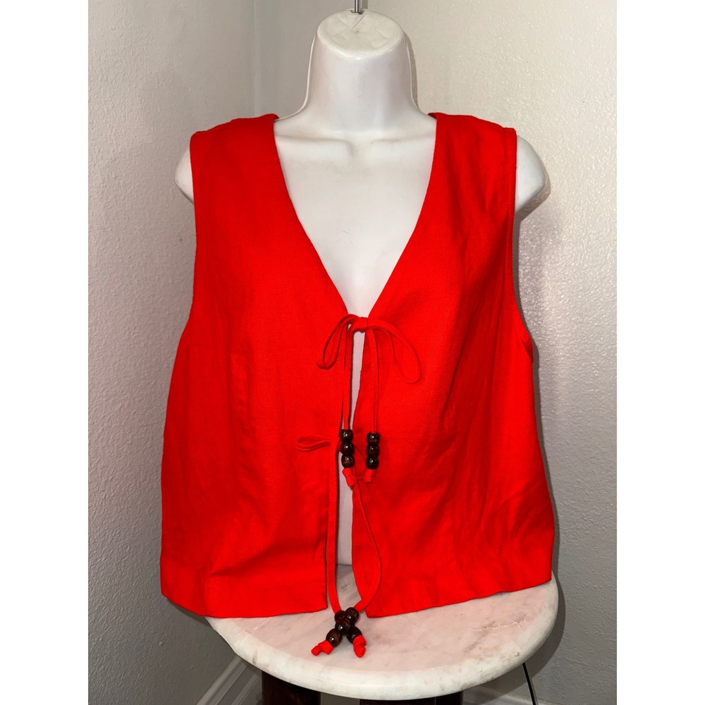 Boho Red Linen Tie Front Vest Marc New York Cropped Peasant Vest w/ Beads Medium